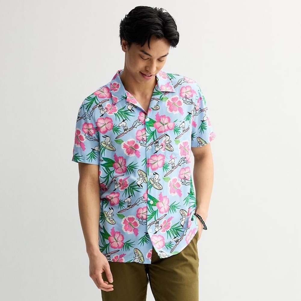 Peanuts Snoopy Surfing Hawaiian Shirt Mens Large Blue Hibiscus Rayon Button Down